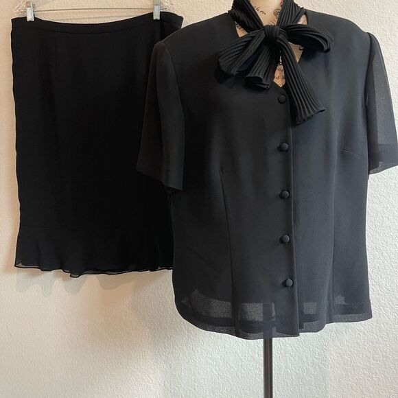 Cynthia Howie Black 16W Womens Blouse Top & Skirt Chiffon Set Classic VTG - Picture 1 of 11